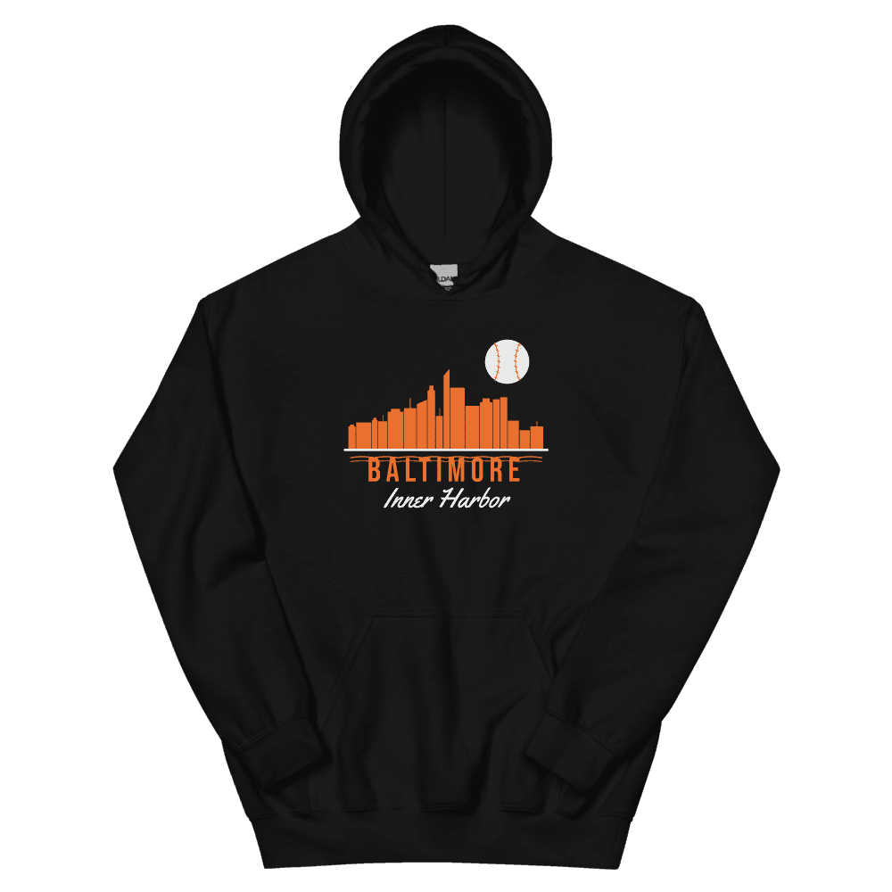 Baltimore Inner Harbor Skyline Baseball on Black Hoodie