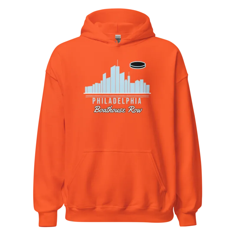 Philadelphia Boathouse Row Skyline Hockey — Orange Hoodie