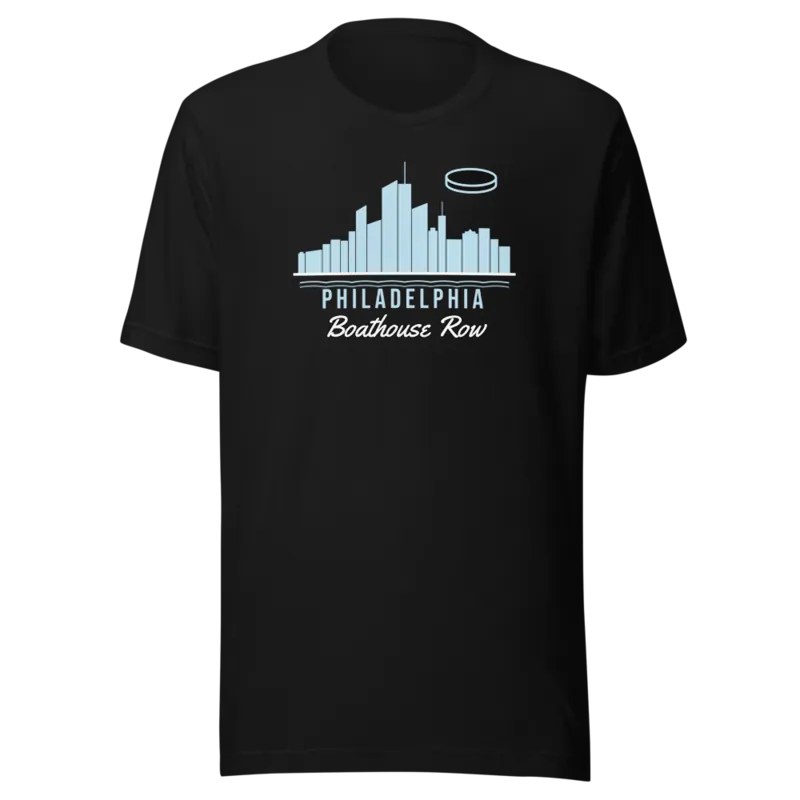 Philadelphia Boathouse Row Skyline Hockey on Black T-Shirt