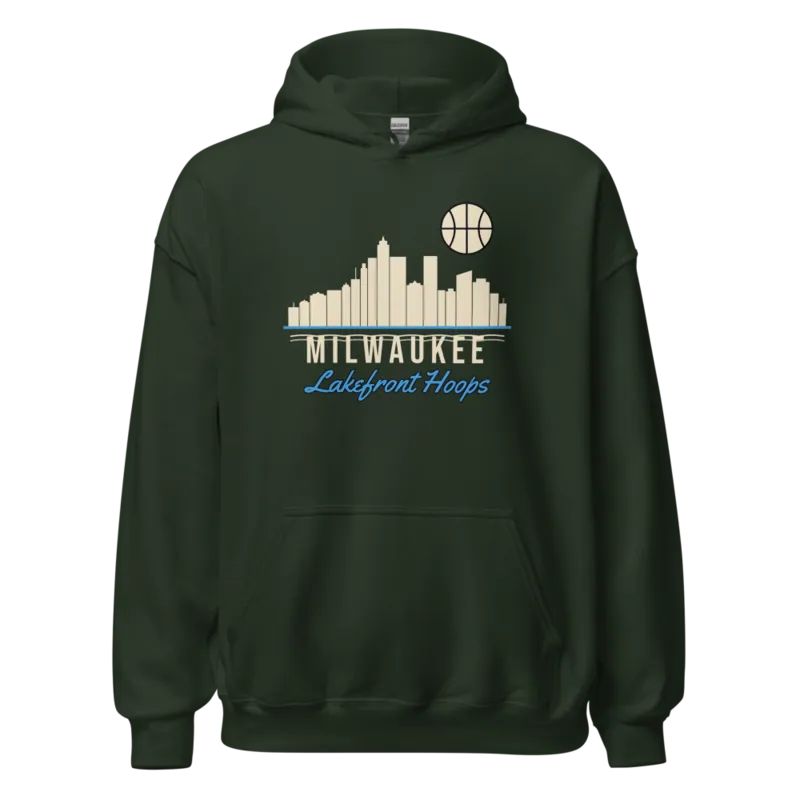 Milwaukee Lakefront Skyline Basketball — Forest Green Hoodie