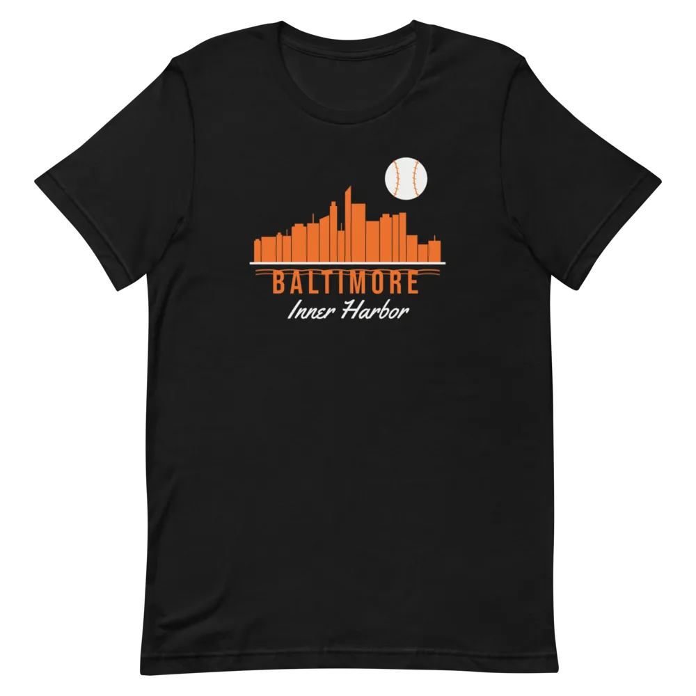 Baltimore Inner Harbor Skyline Baseball — Black T-Shirt