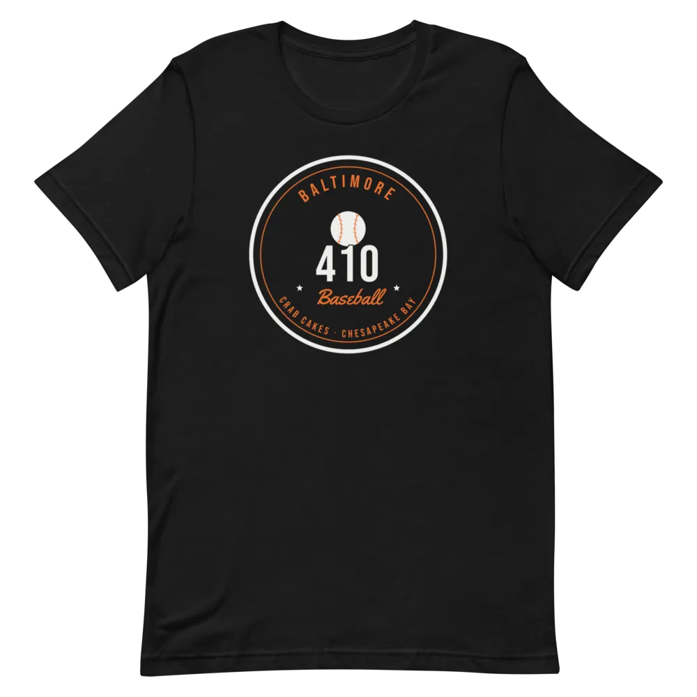 Baltimore 410 Crab Cakes Baseball Badge — Black T-Shirt