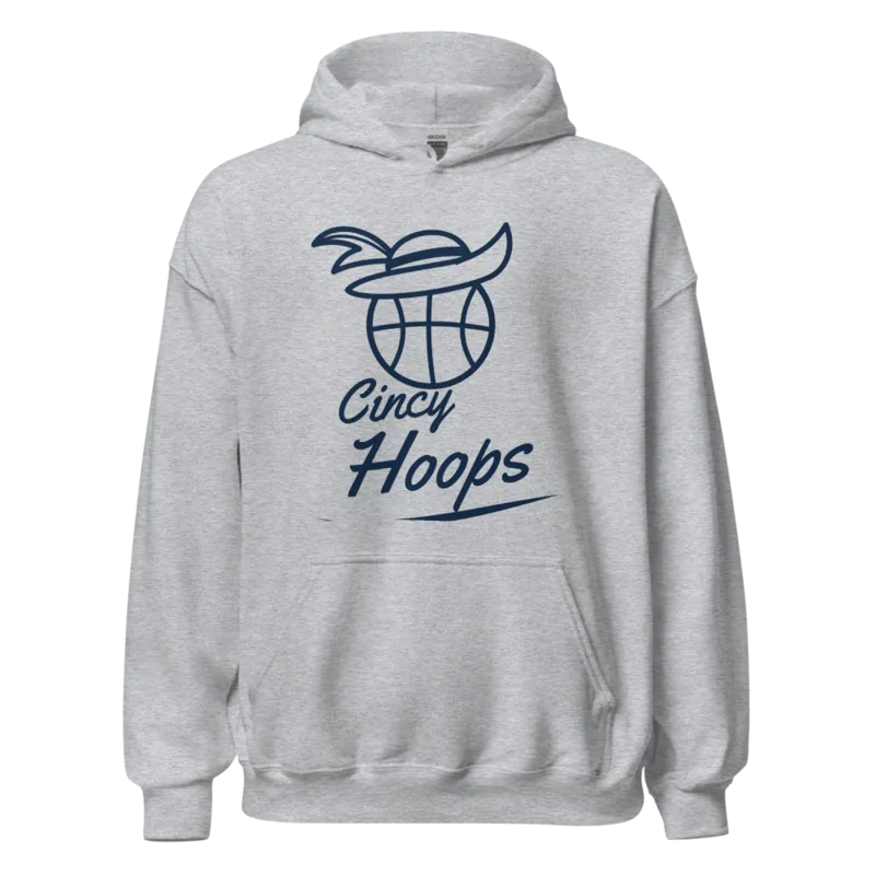 Cincy Hoops Feathered Hat Basketball Script — Sport Grey Hoodie